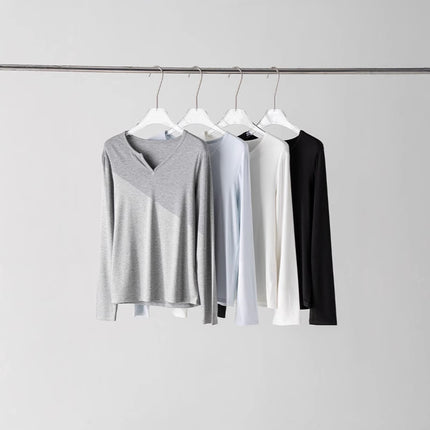 25 Spring First Choice Elegant Basic Small V Neck Long-Sleeved Slimming Look Bottoming Shirt Top Silk Basic Skin Nourishing Clothing