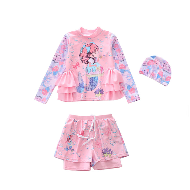 New Children's Swimsuit for Girls, Korean Style, Trendy Double-Layered Cover-Up Skirt, Two-Piece Swimwear for Baby Girls and Students