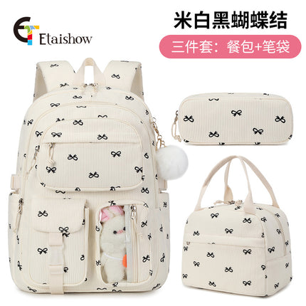 High School Ins Campus Large Capacity Three-Piece Corduroy Printed Backpack New Style Casual All-Match Backpack