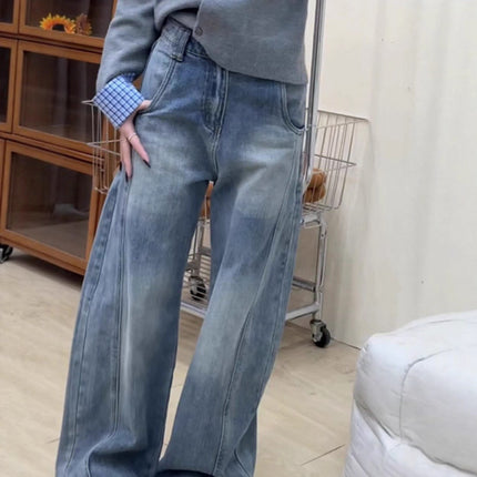 Tall Version Bamboo Texture Loose Scimitar Jeans American Retro Washed Wide-Leg Casual Floor-Length Pants Trendy