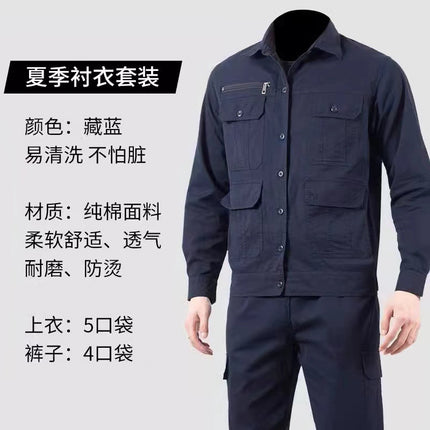 Summer Thin Work Clothes Suit for Men, Cotton-Containing Long and Short Sleeves, Breathable and Wear-Resistant Welding Work Clothes, Military Green Labor Protection Clothes