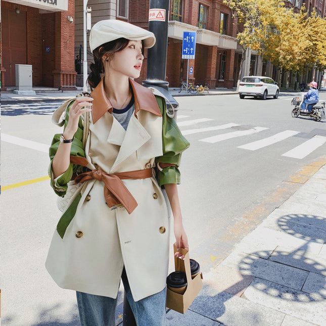 This year's popular pu leather stitching trench coat coat women's spring and autumn high-end Korean style mid-length casual coat