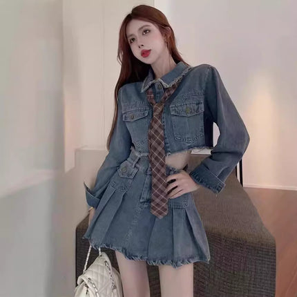 Internet Celebrity Fried Street Denim Skirt Two-piece Suit Women's Autumn and Summer Elegant New Goddess Fan Short-sleeved Spice Girls Pleated Short Skirt