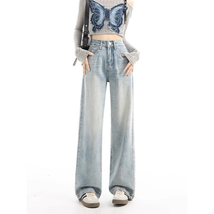 light blue Wide Leg Jeans Women's Fashion All-match New High Waist Loose Slimming Casual Straight Pants