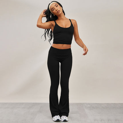 K24ST487 European and American style cross-border women's clothing spring and summer solid color suspenders backless sports high waist tight flared pants suit