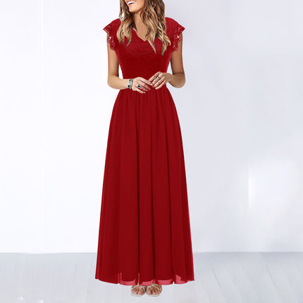 2022amazon summer sexy hollow V-neck large swing dress sleeveless lace stitching chiffon long dress