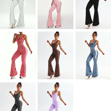 Hot-Selling Leopard Print Flared Jumpsuit in Stock, Amazon Yoga Jumpsuits, Hot-Selling Yoga Jumpsuits Wholesale