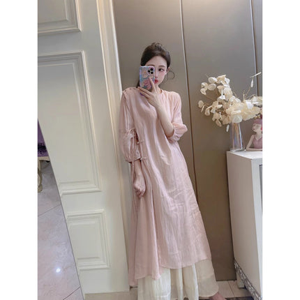 Summer New Style Quality Ramie Handmade Buckle Lace Lace Guofeng dress Double-Layer Skirt suit