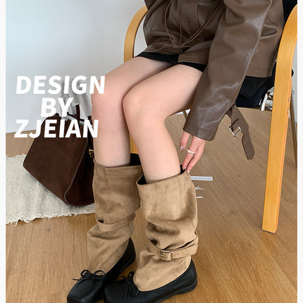 Sheepskin Version ~2025 New Personalized Ballet Style Genuine Leather Boots for Women with Bow Belt Buckle Pleated Work Boots