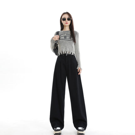 New Chinese Style Loose Jeans for Women in Autumn, New Hot Girl Pleated Design, Opaque White Drapey Floor-Length Wide-Leg Pants