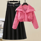 Pink jacket + black skirt two-piece set / S