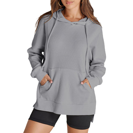 Shiying Pure Color Long-Sleeved Sweatshirt Women's Hoodie Textured Knitwear Slit Top Cross-Border Women's New Style