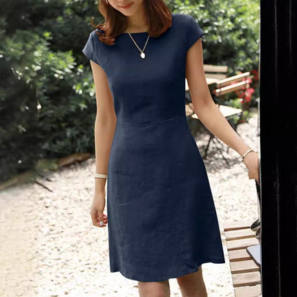 2023 Independent station Amazon new dress back zipper round neck solid color short sleeve cotton linen jumpsuit