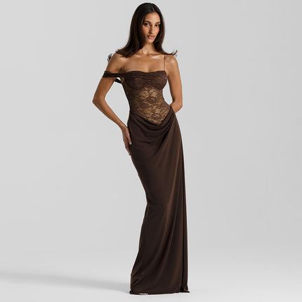 Personalized Design Cross-Border New Women's Solid Color One-Shoulder Lace See-Through Slit Temperament Sexy Waist Dress for Women