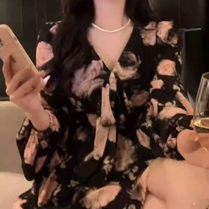 Light Luxury and Classy Sweet Retro Rose Print Long-Sleeved Elegant Waist Dress Classy Slim Floral Skirt