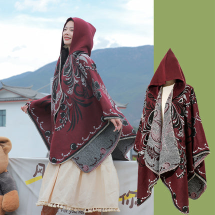 Lijiang Yunnan Tourism Red Large Shawl Ethnic Style New Style Outer Hanging Hat Cloak Coat Scarf Women