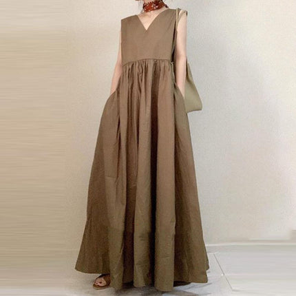 In-Stock Korean 2026 Season New Style Loose Sleeveless Dress with a Large Hem, Slimming Mid-Length Dress with Patchwork Design