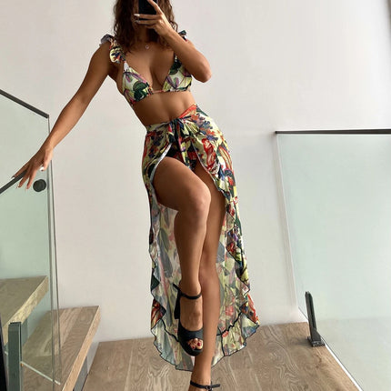 Women's AliExpress BIKINI Sexy Butterfly Side Sun Screen Mesh Split Three-piece Long Dress Beach Swimsuit