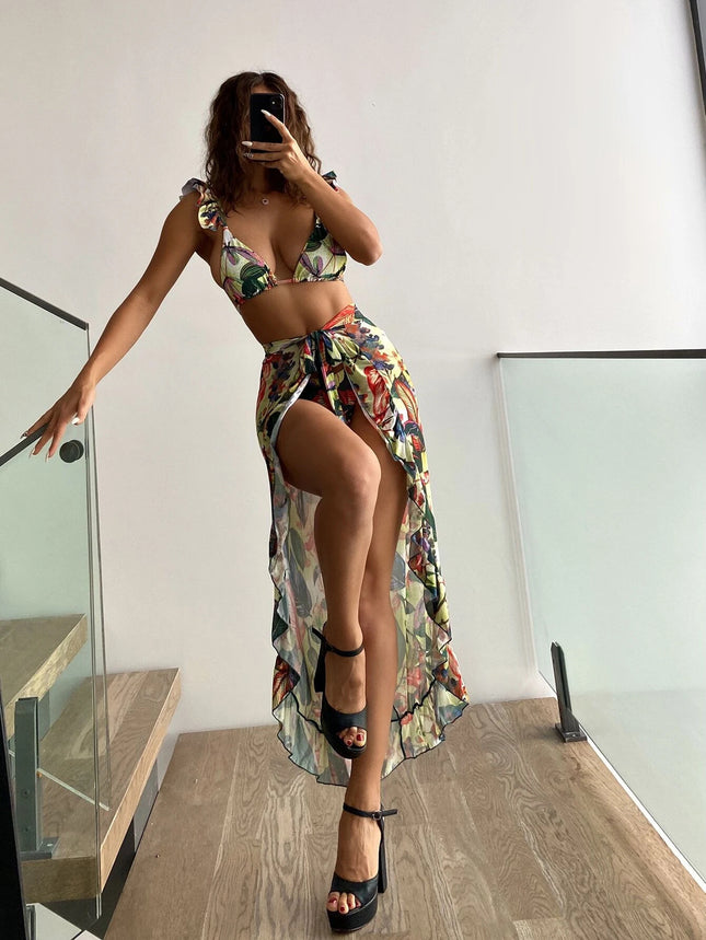 Women's AliExpress BIKINI Sexy Butterfly Side Sun Screen Mesh Split Three-piece Long Dress Beach Swimsuit