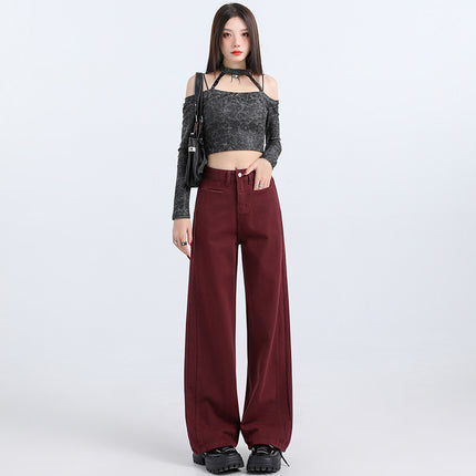 American Ankara Red Narrow Straight-Leg Jeans for Women, Autumn New Loose Slimming Versatile Floor-Length Wide-Leg Pants