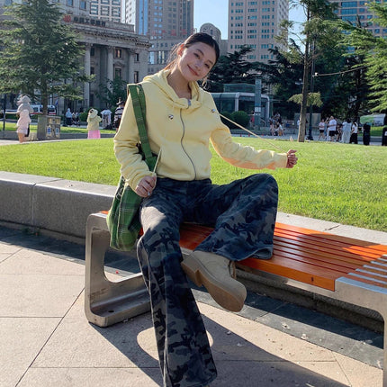 American-Style Low-Waist Retro Camouflage Sweet and Spicy Cargo Pants for Women with Back Pocket Design, Loose Straight-Leg Casual Pants Trendy