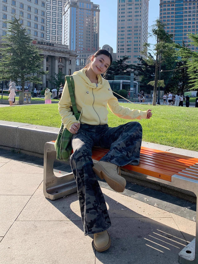 American-Style Low-Waist Retro Camouflage Sweet and Spicy Cargo Pants for Women with Back Pocket Design, Loose Straight-Leg Casual Pants Trendy