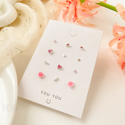 Sweet Small Fresh Simple Silver Needle Small Ear Stud suit Small Exquisite Cute Gentle Girl Heart Ring New Spring Style