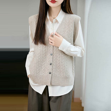 French Retro Twist Knitted Vest Cardigan for Women 2025 New Pure Wool Knitted Cable Loose Layered Jacket