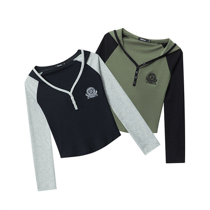 Heyhenry 2025 European and American Cotton Thread Embroidered Color-Block Hooded Crop Top Long-Sleeve T-Shirt for Women