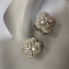Silver micro-embedded four-leaf flower double-sided earrings (real gold plating)