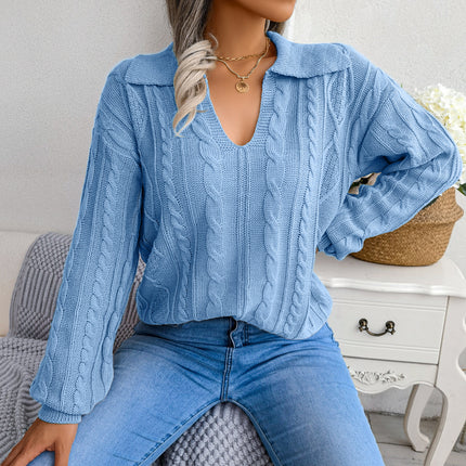 Clearance Sale: Autumn/Winter European and American Style Casual Turn-Down Collar Cable Knit Lantern Sleeve Sweater - Amazon Cross-Border Women's Fashion
