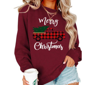 Christmas Plaid Truck Merry christmas Printed Crewneck Women's Top Sweat European Code Foreign Trade Cross-border