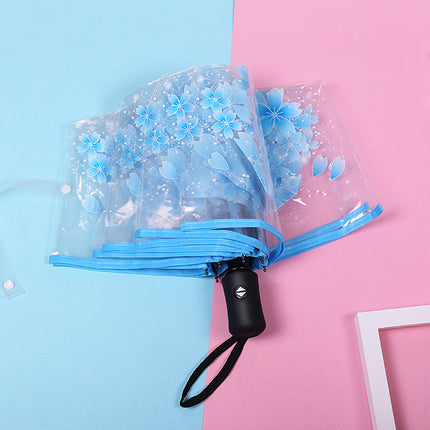 Fully Automatic Folding Plastic Transparent Cherry Blossom Umbrella for Women, Long Handle Apollo Style, Fresh and Simple, for Children, Students, Performances, Wholesale