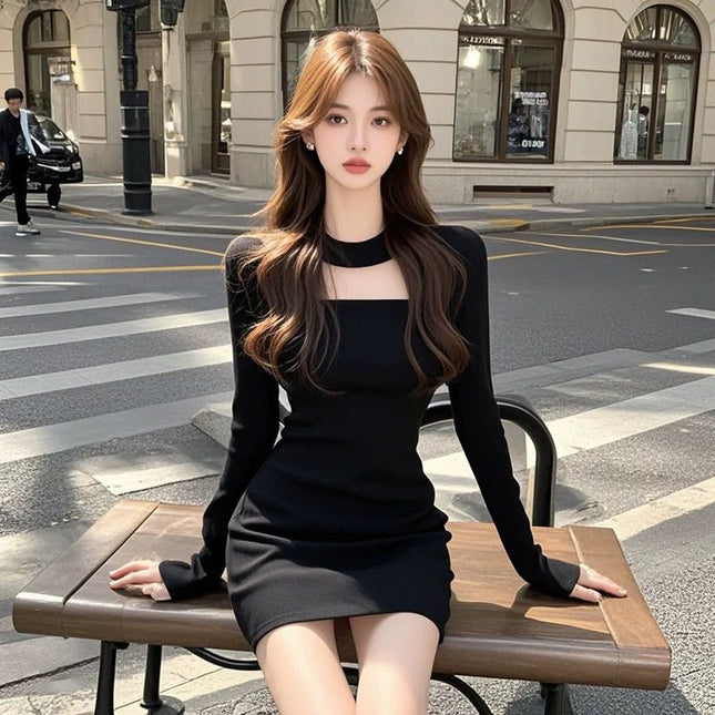 New French Style Neck Square Collar Long Sleeve dress Retro Light Luxury Elegant High-end Tight Waist Slimming Hip Skirt