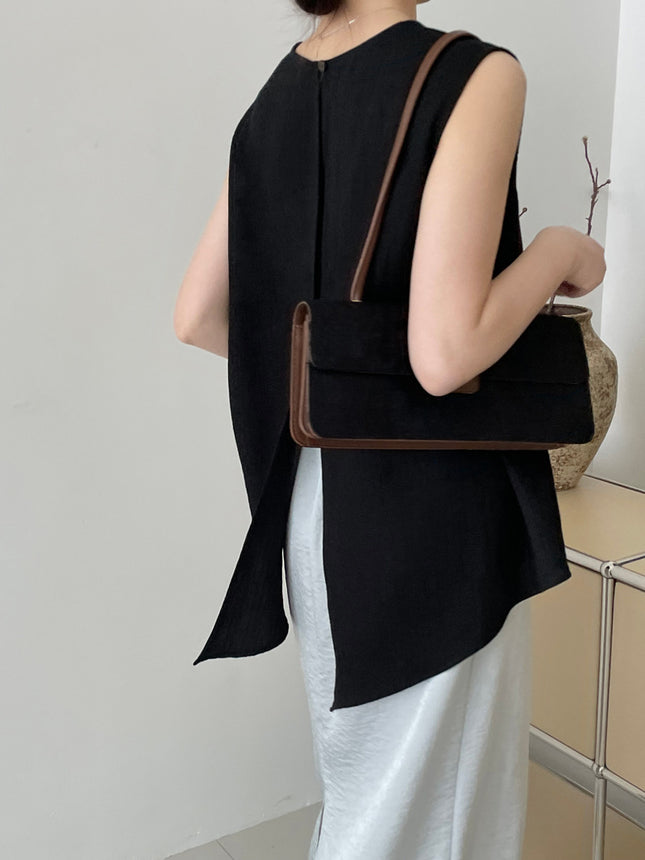 Tao Chuan Temperament Fan ~ Design Sense Back Split Crewneck Vest Women's Leisure Commuter Joker Sleeveless Top 2567