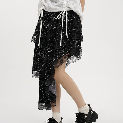 Yamamoto Summer French Style Irregular Wave Dot Skirt High Waist Lace Slant Hem Design Midi Dress