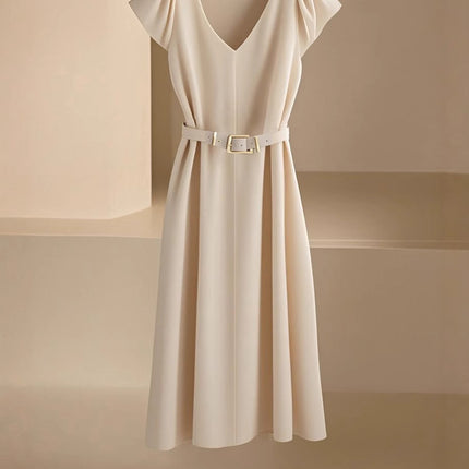 Amazon Spring and Summer New Skin-Friendly and Comfortable V-Neck Fashionable and Elegant Work Clothing Casual Pure Color Mid-Length Skirt & Without Belt