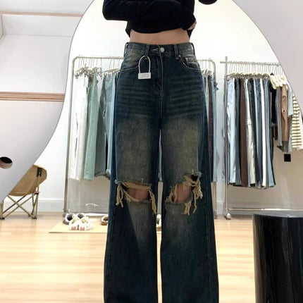 American Retro Ripped Jeans for Women Summer 2025 New Loose Slimming High-Waisted Wide-Leg Floor-Length Pants