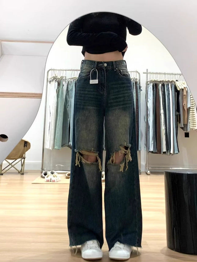 American Retro Ripped Jeans for Women Summer 2025 New Loose Slimming High-Waisted Wide-Leg Floor-Length Pants