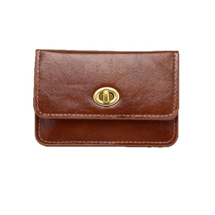 New Stylish Multi-Compartment Lock Buckle Card Holder Versatile Retro Mini Coin Purse Solid Color Trendy Women's Leather Wallet