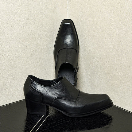 One-piece delivery original 5cm high heel square toe leather shoes men's first layer cowhide hand grip pattern formal wear height increasing Derby shoes