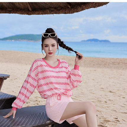 2024 new swimsuit women's split four-piece suit belly covering slimming gathered small chest South Korea ins style Hot Spring