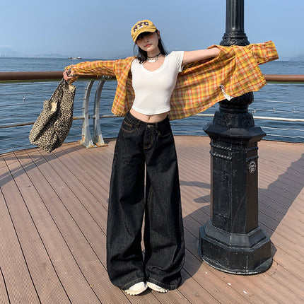 American-Style Wide-Leg Jeans for Women, 2025 Autumn and Winter New Style, Fleece-Lined, Straight-Leg, Loose, High-Waisted, Slimming, Thin Fleece, Floor-Length Pants