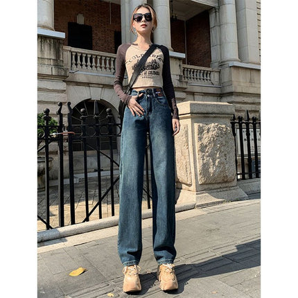 Two-Button Petite Black-Gray Wide-Leg Jeans for Women, 2025 Retro Vintage Spring Style, Drapey Floor-Length Pants