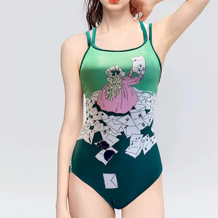 2025 New Summer Swimsuit Women's One-Piece Triangle Racing Style Sports Casual Cartoon Pattern Fashionable Pure Girl