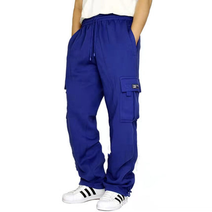 2022 Cross-Border Sports Casual Pants with Fleece Lining, Jogger Style, Multiple Pockets, Drawstring, Men's Loose Fit Workwear, Men's Sports Trend