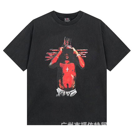 Saint Michael Cho Big Face European and American Retro Washed and Distressed Commemorative Portrait Short-Sleeved T-Shirt Trendy