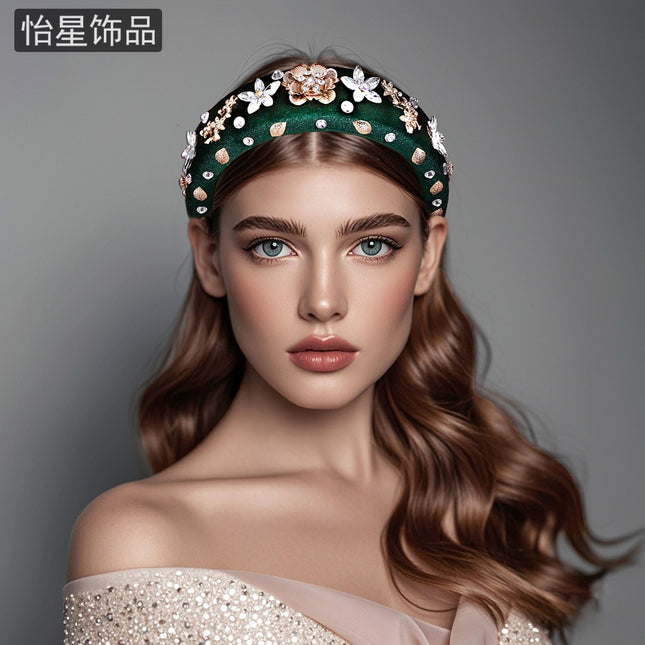 Yixing Senior French Hair Stamp Full Diamond Sponge Hair Band New Temperament Alloy Flower Dark Green Headwear A245