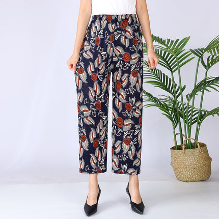 Cross-Border Popular Summer Women's Ice Silk Pants for Middle-Aged and Elderly, Loose Casual Home Pants, Elastic Plus-Size Pants for Square Dancing