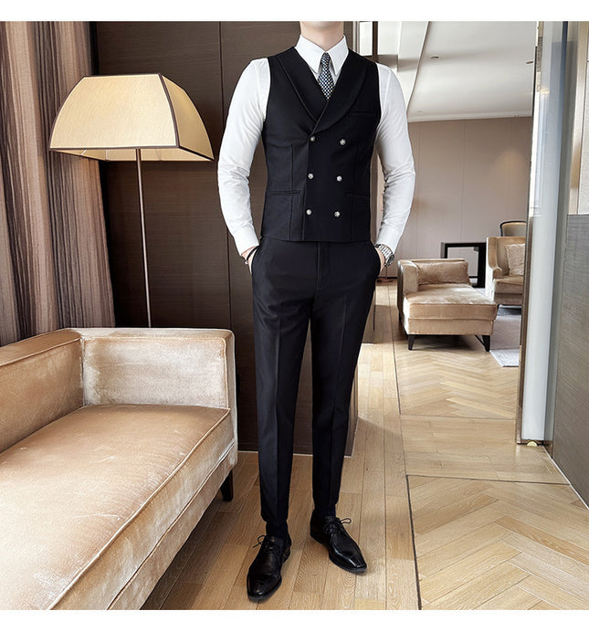 Factory Wholesale Men's Four-Season Waiter Vest Double-Breasted Green Fruit Collar Sleeveless Waistcoat Best Man Brother Outfit
